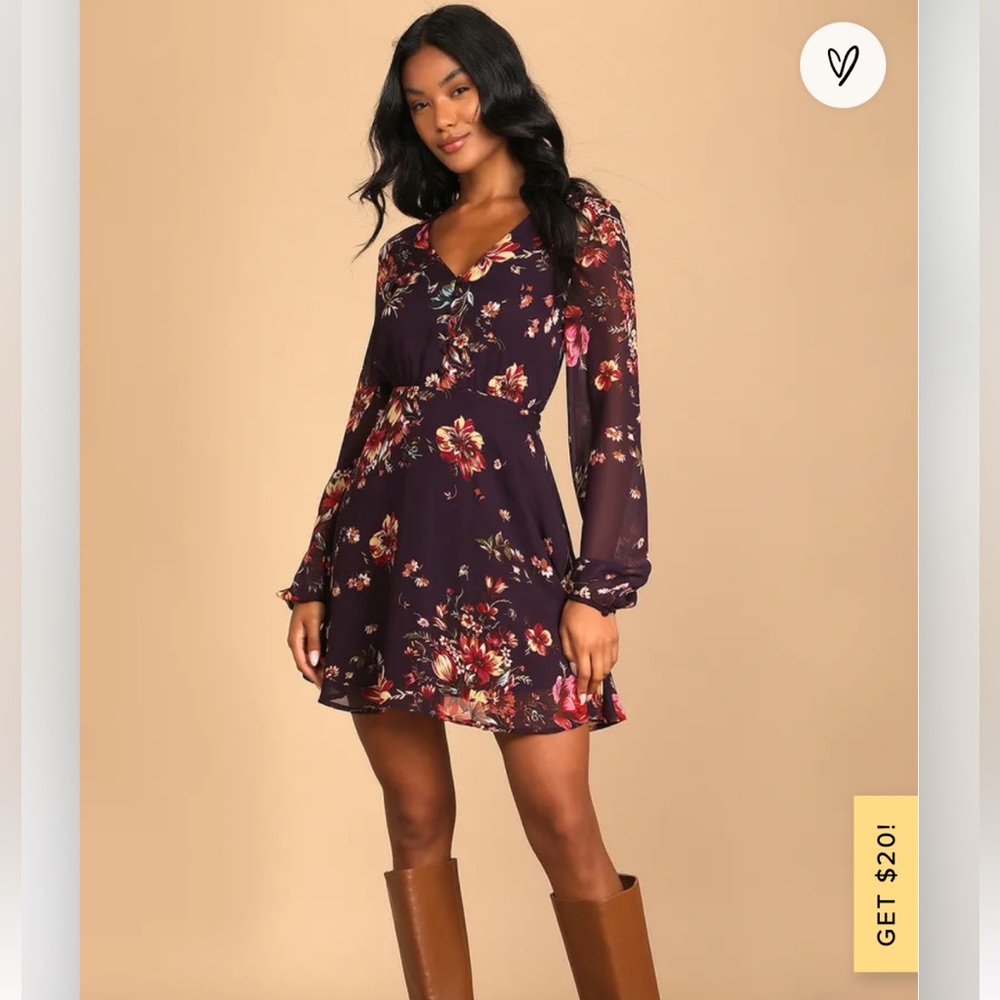 Always Yours Plum Purple Floral Print Long Sleeve Skater Dress
